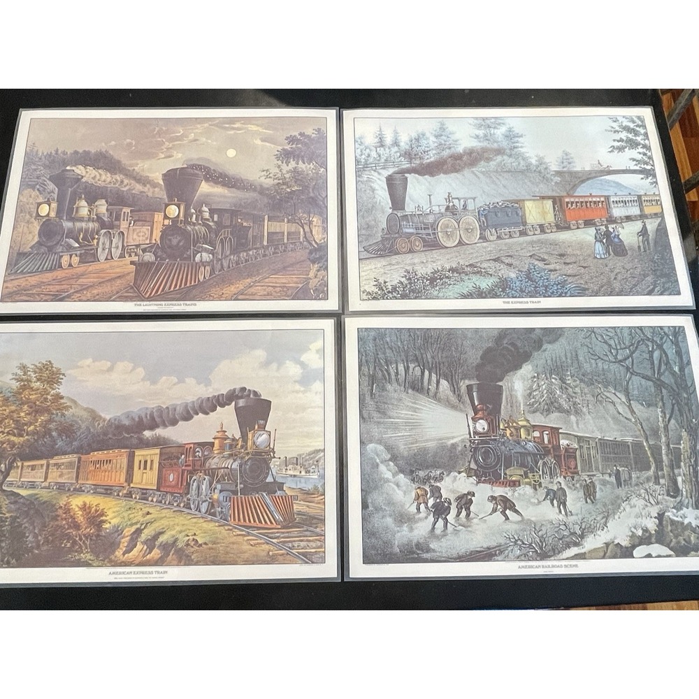 CURRIER & IVES Vintage Laminated Prints Of 1864 Lithograph Trains Placemats Set